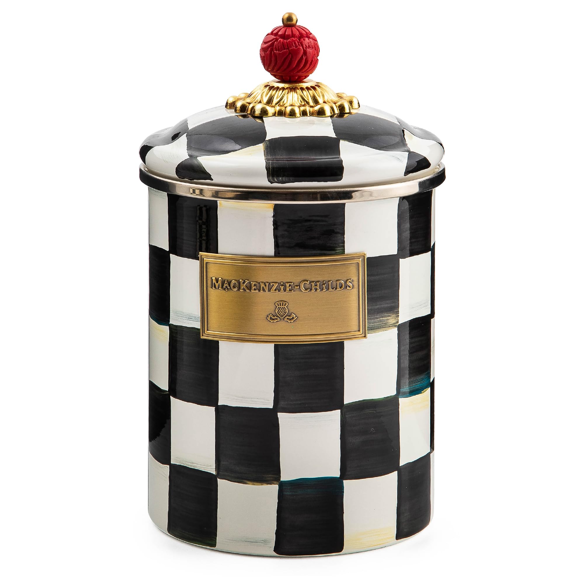 Mackenzie-Childs Courtly Check enamel canister close-up highlighting durable enamel and iconic pattern.
