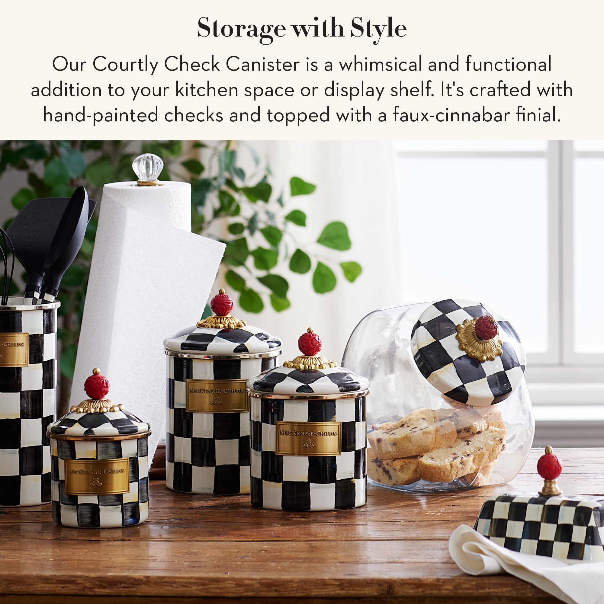 Mackenzie-Childs Courtly Check enamel canister with contents view showing practical kitchen storage.