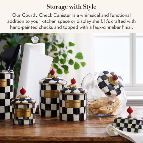 Mackenzie-Childs Courtly Check enamel canister with contents view showing practical kitchen storage.