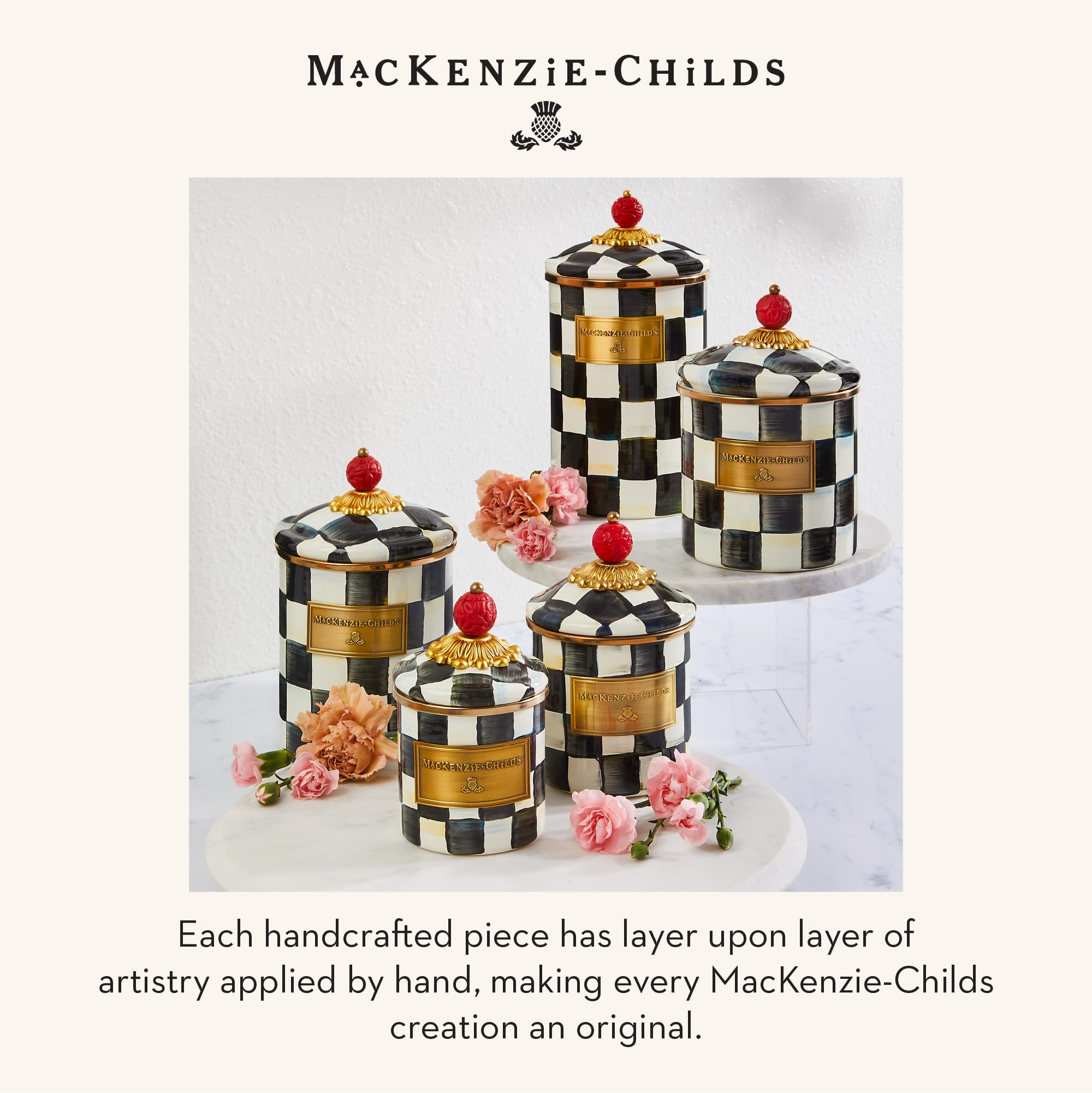 Mackenzie-Childs Courtly Check enamel canister adds decorative charm to counters.