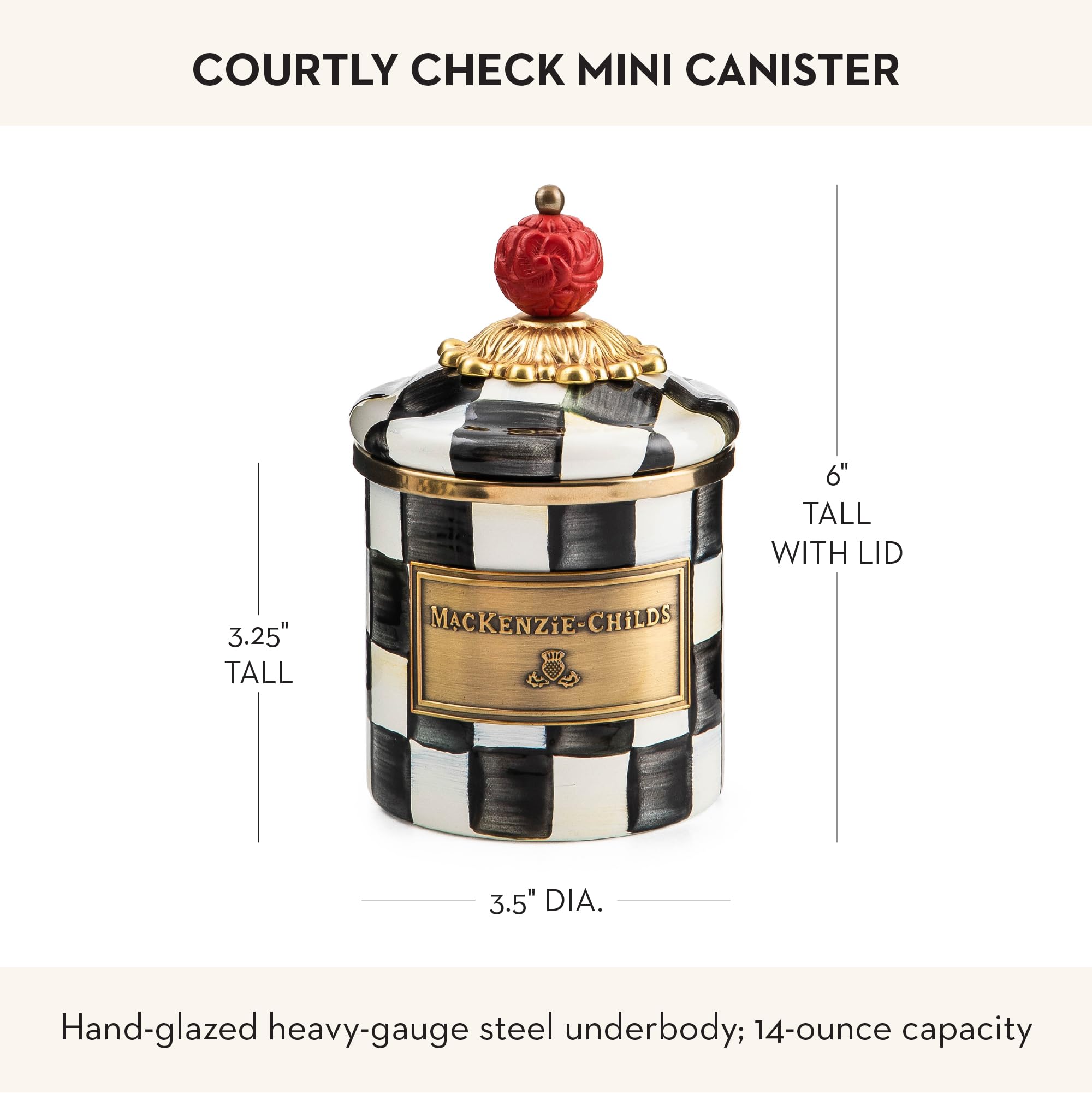 Mackenzie-Childs Courtly Check enamel canister set in multiple sizes for mix-and-match storage.