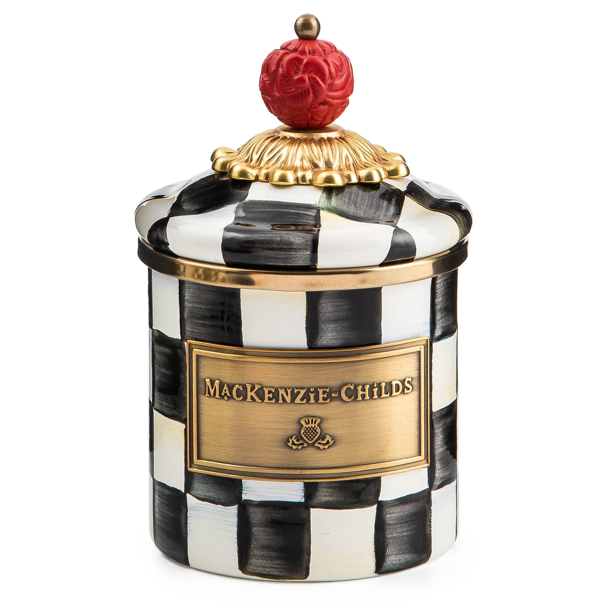Mackenzie-Childs Courtly Check enamel canister with lid for organized kitchen storage.