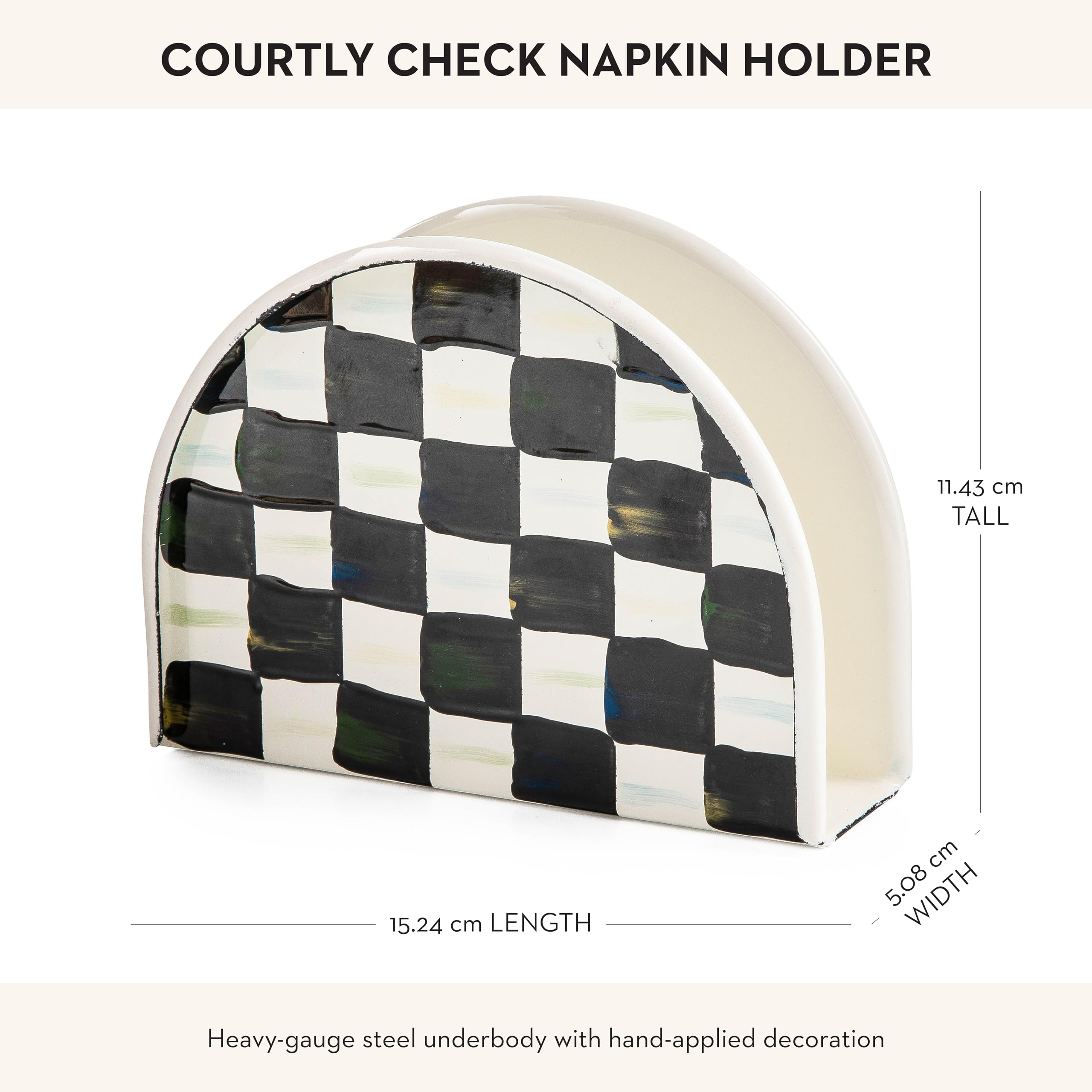MACKENZIE-CHILDS napkin holder enhances dining room decor with Courtly Check motif.