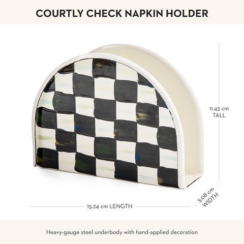 MACKENZIE-CHILDS napkin holder enhances dining room decor with Courtly Check motif.