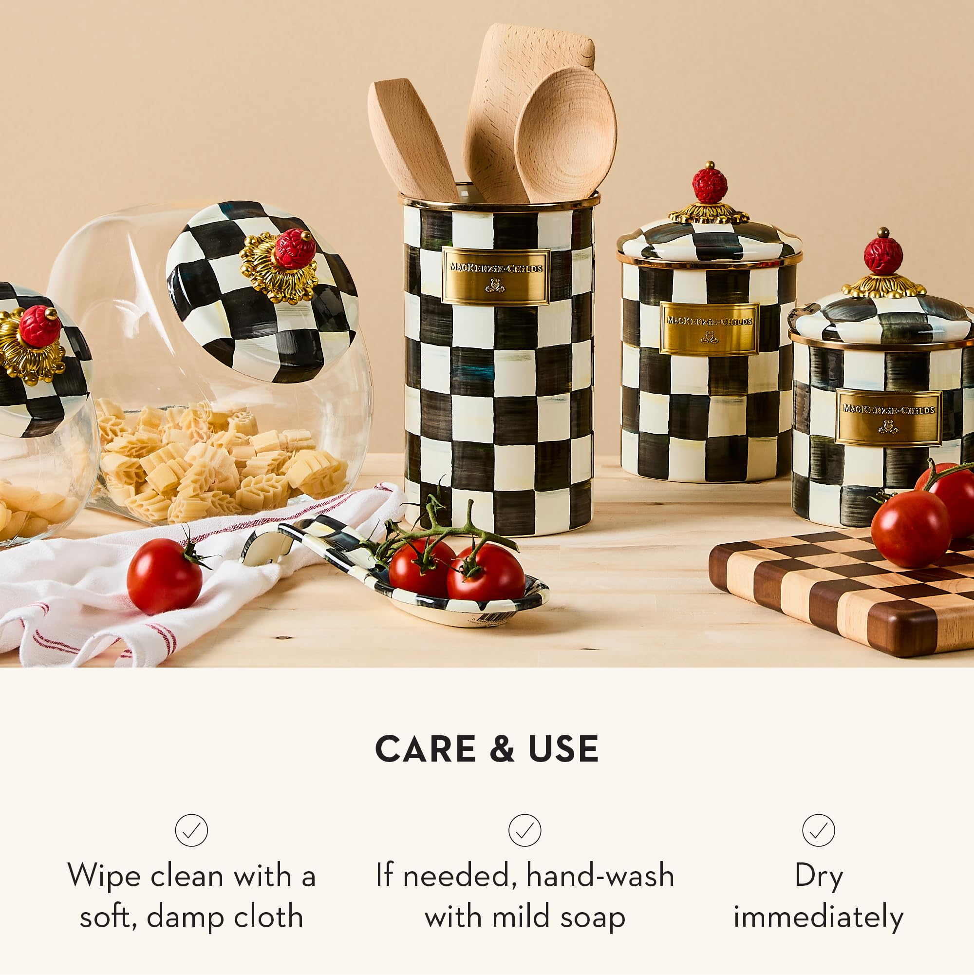 MacKenzie-Childs Courtly Check spoon rest doubles as countertop accent.