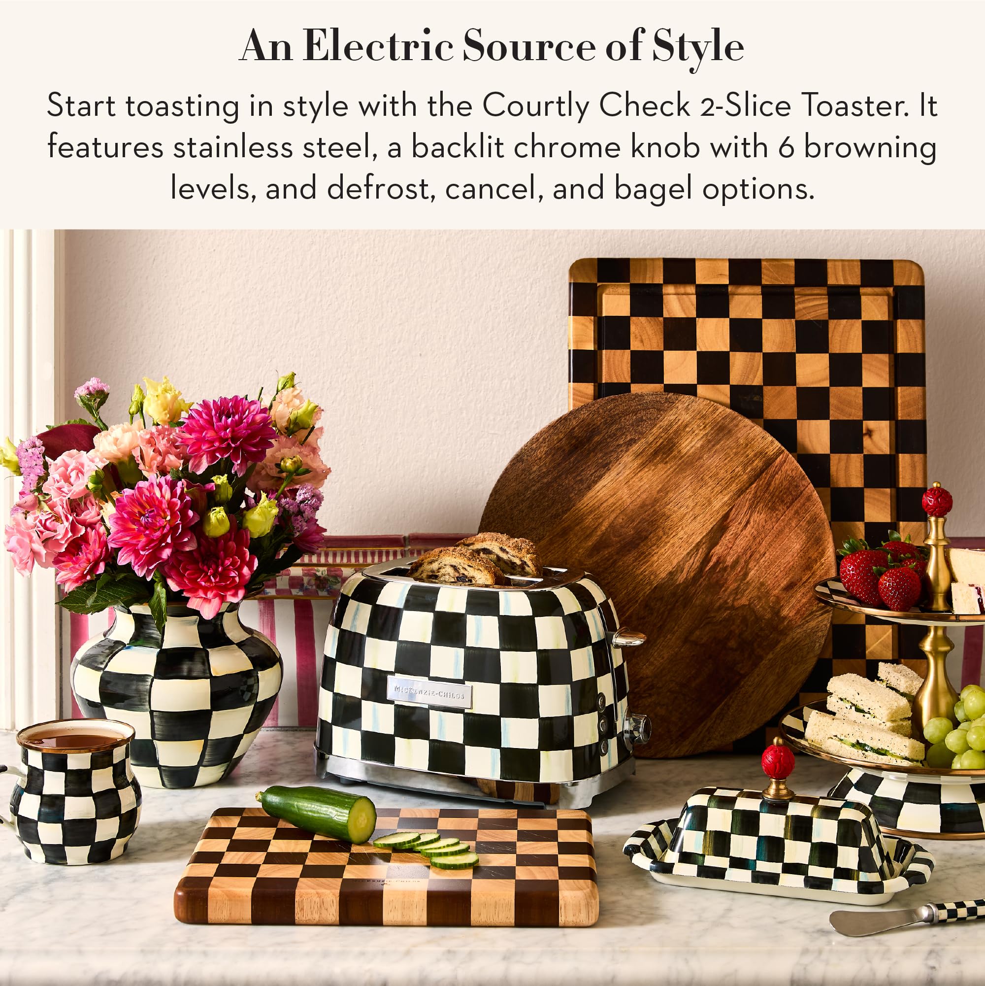 MacKenzie-Childs Courtly Check toaster side profile fits compact spaces.