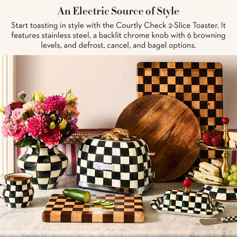 MacKenzie-Childs Courtly Check toaster side profile fits compact spaces.