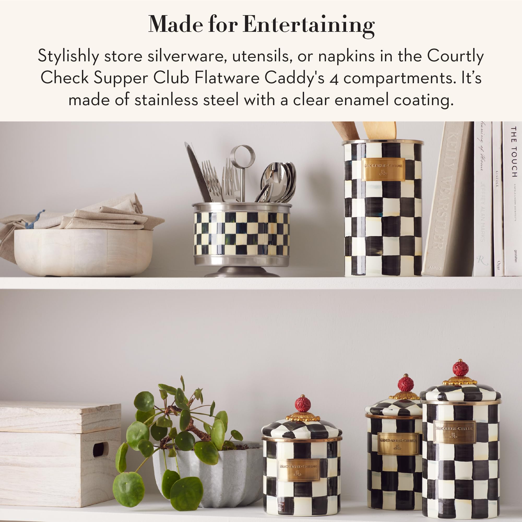 MacKenzie-Childs Courtly Check utensil holder with enamel finish adds style to kitchen and table