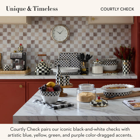 MACKENZIE-CHILDS Courtly Check board showcased on counter as decor
