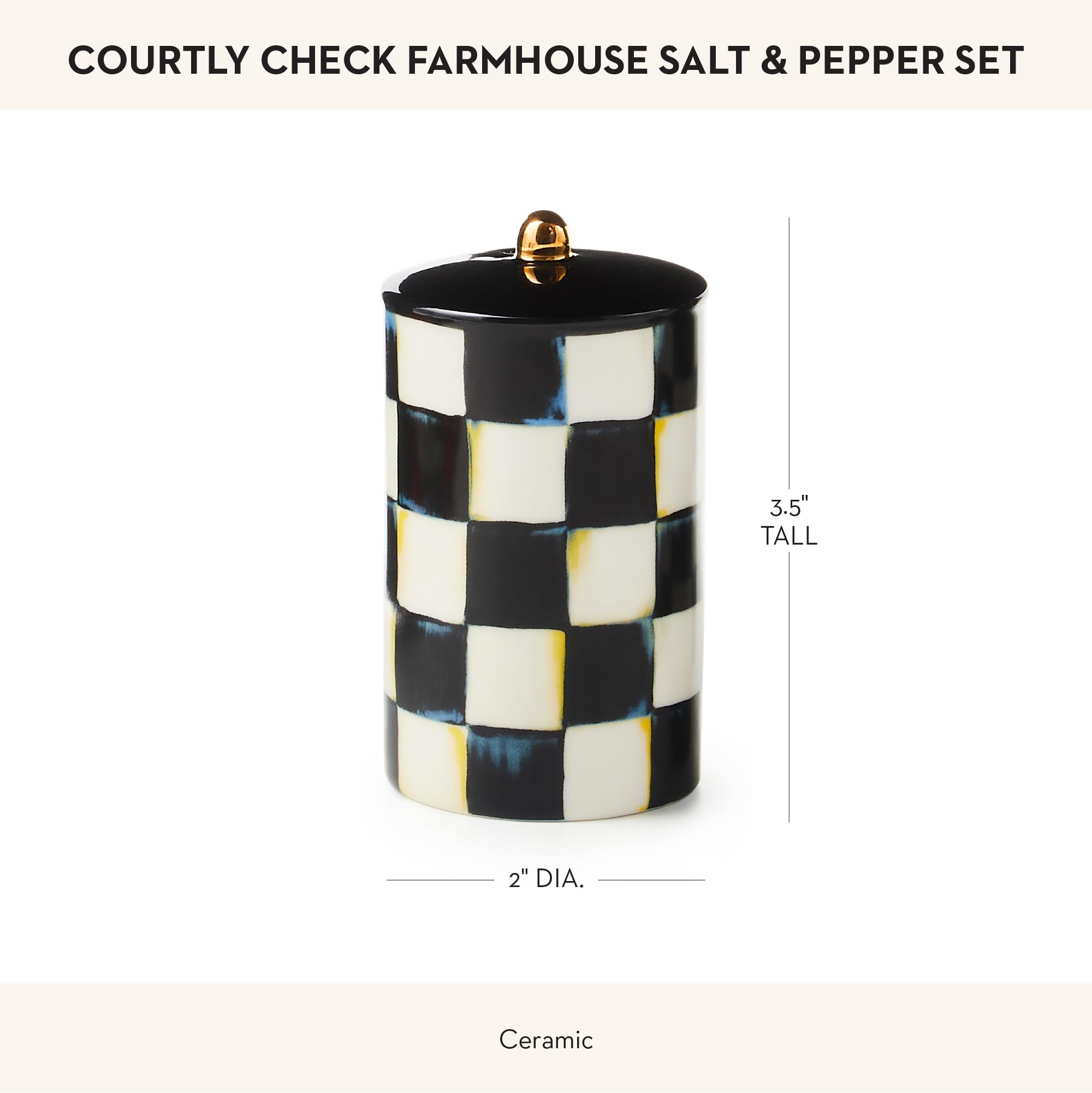 Mackenzie-Childs decorative shaker on table adds farmhouse charm.