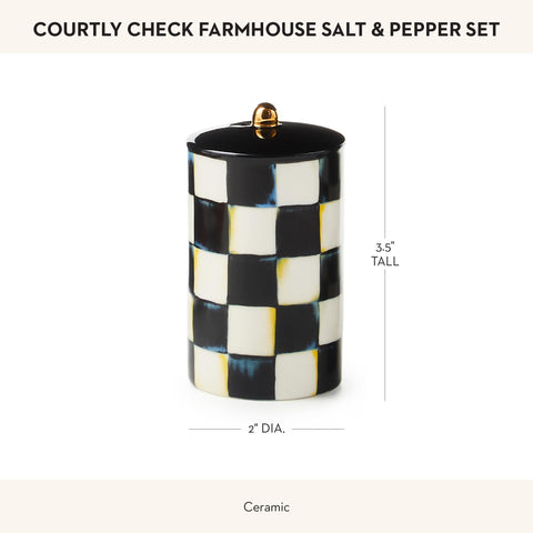 Mackenzie-Childs decorative shaker on table adds farmhouse charm.