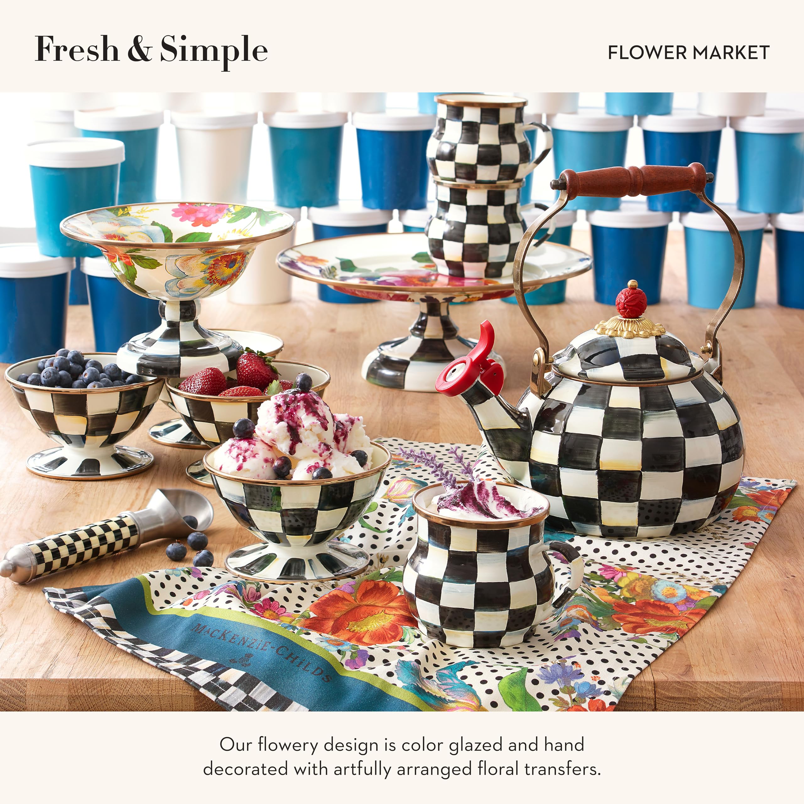 Mackenzie-Childs Flower Market towel with polka-dot backdrop for home decor