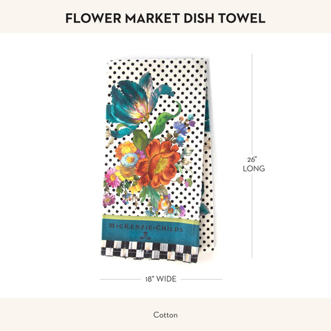 Mackenzie-Childs dish towel featuring polka-dot background and blooming motif
