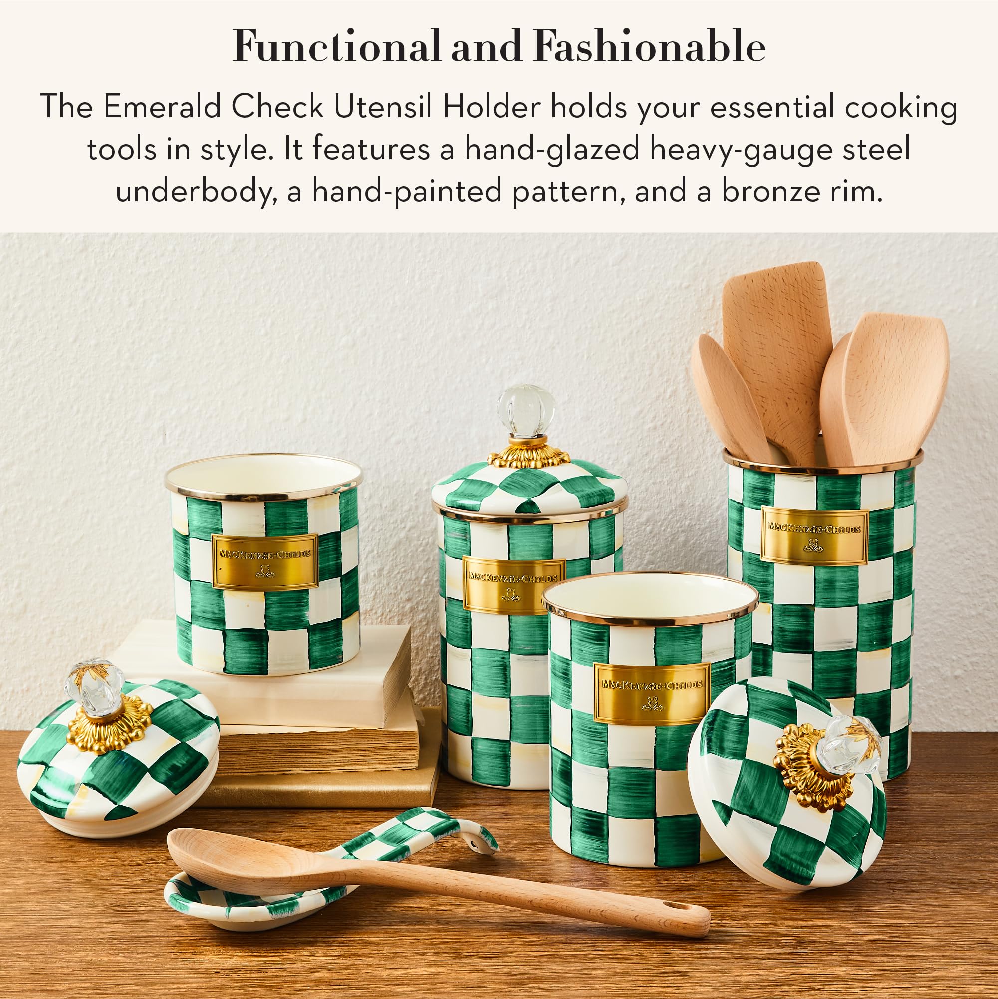 Emerald Check pattern on enamelware enhances whimsical kitchen charm.