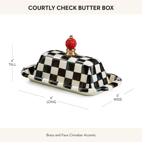 MACKENZIE-CHILDS butter box on the counter with lid, showcasing elegant storage.