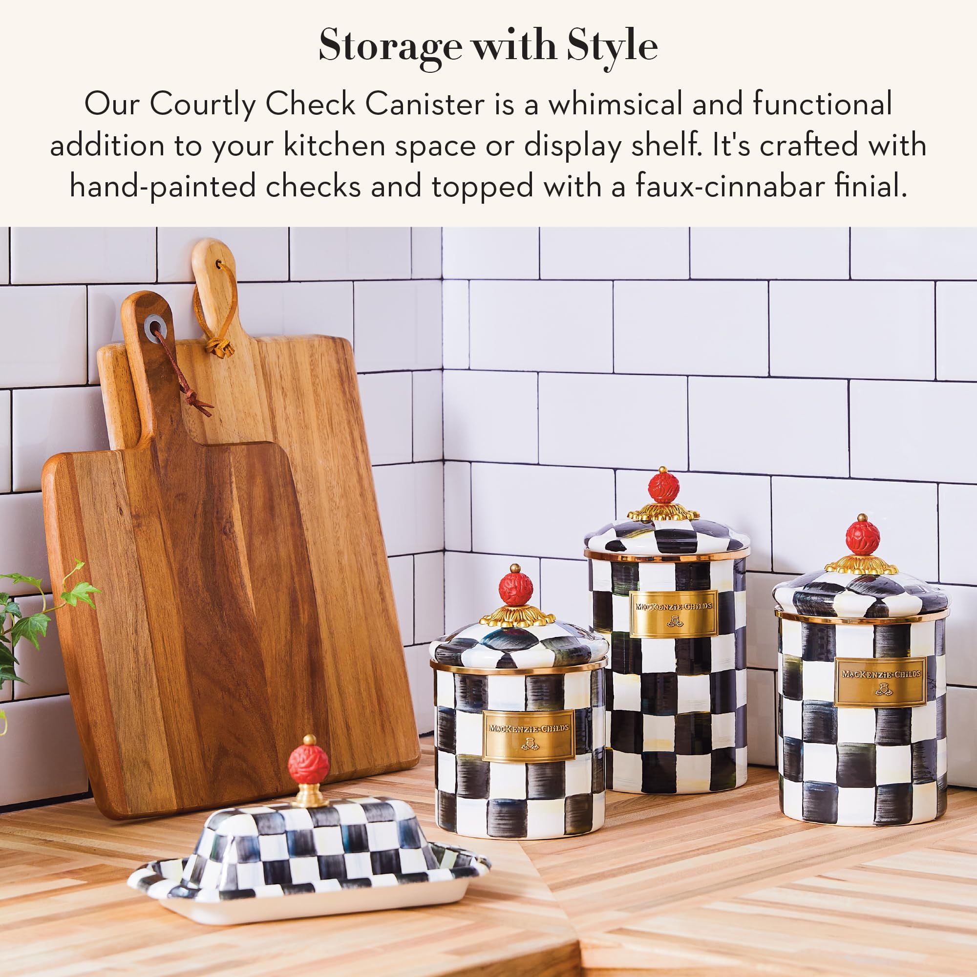 MacKenzie-Childs enamel canister closeup highlights Courtly Check pattern and glossy finish