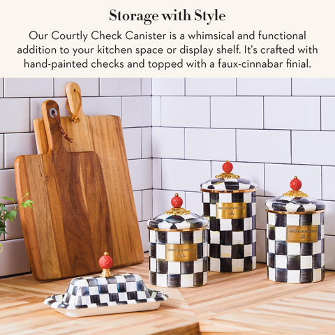 MacKenzie-Childs enamel canister closeup highlights Courtly Check pattern and glossy finish