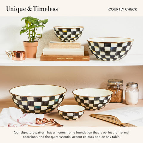 MacKenzie-Childs enamel Everyday Bowl bronzed rim highlighted, perfect for entertaining meals.