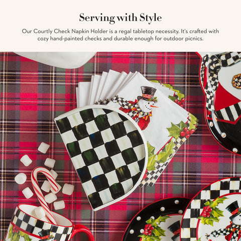 MACKENZIE-CHILDS enamel napkin dispenser with glossy black-and-white checks.