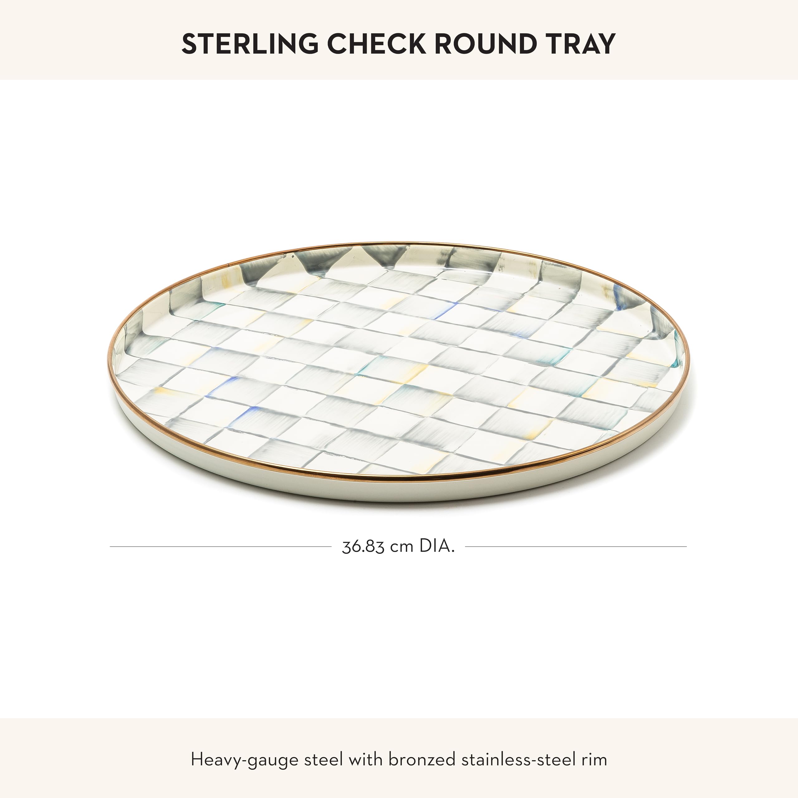 MacKenzie-Childs enamel round tray with steel underbody provides sturdy support.