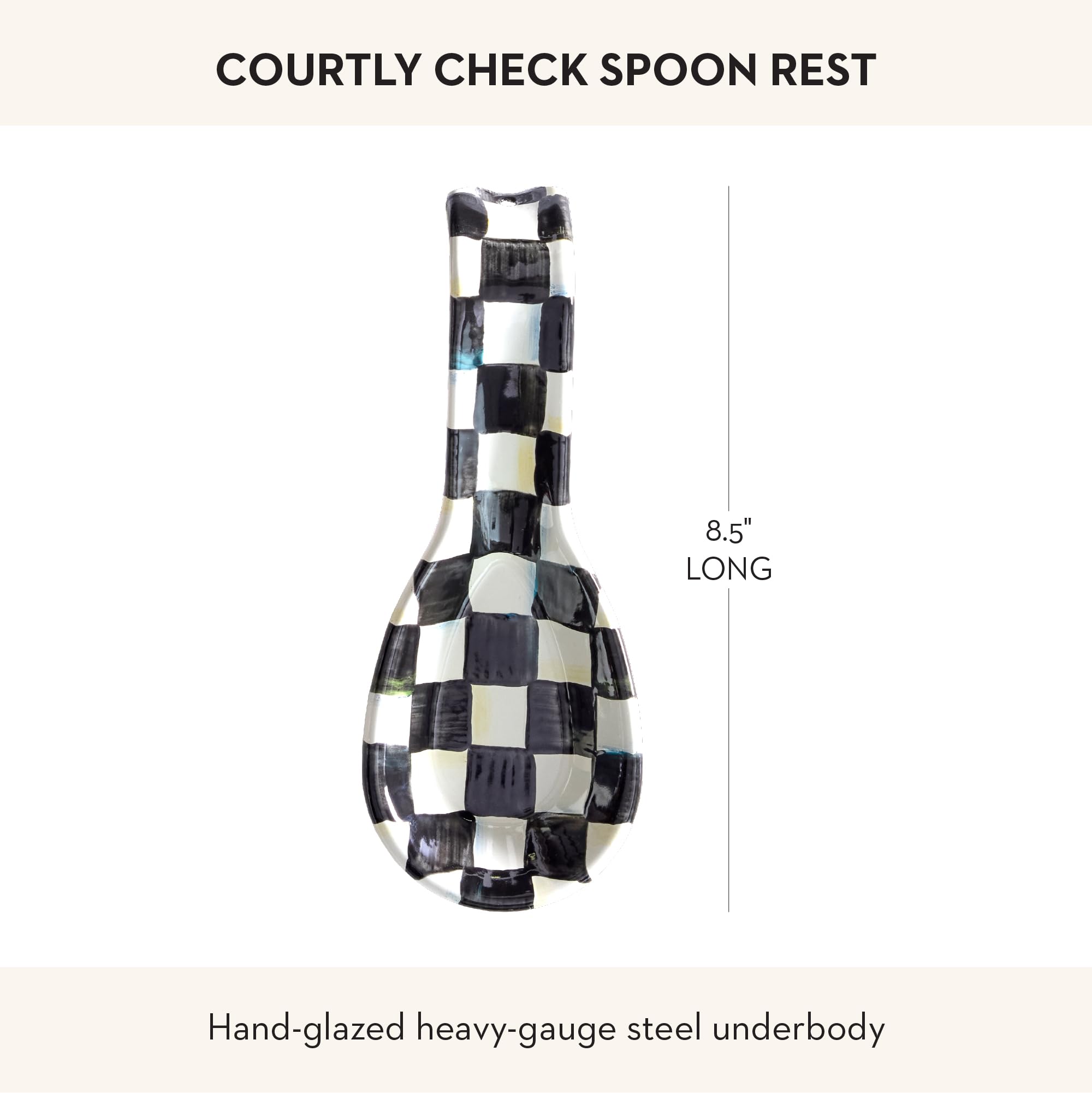 MacKenzie-Childs enamel spoon rest catches drips while cooking.