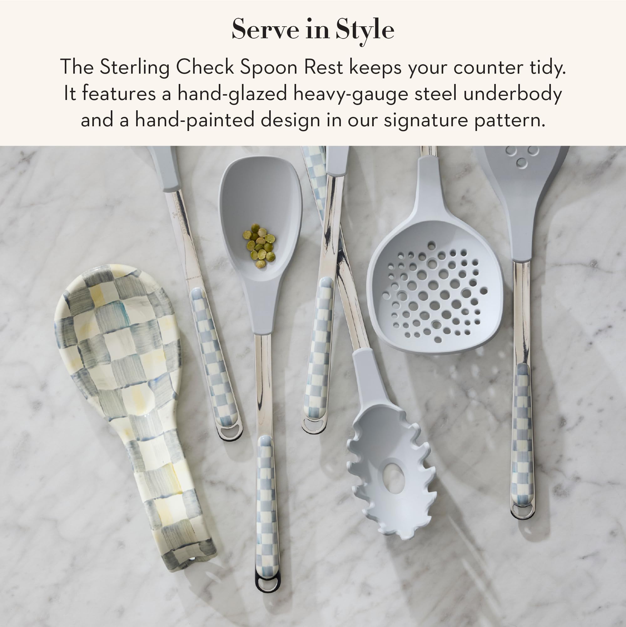 MACKENZIE-CHILDS spoon rest for countertop adds Sterling Check charm while catching drips