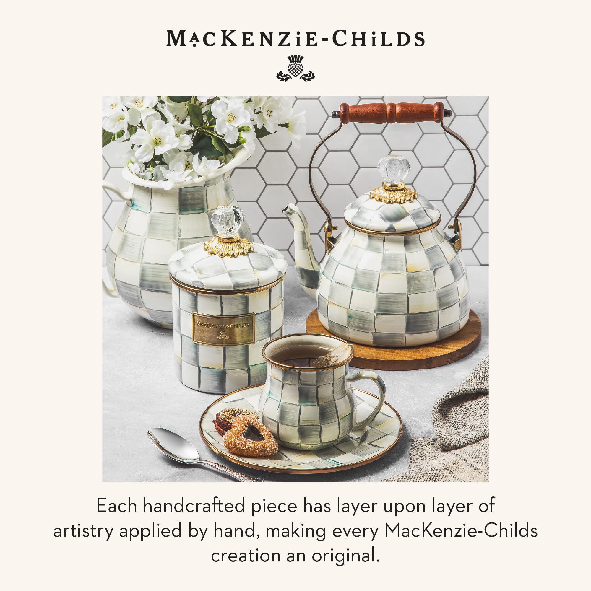 MACKENZIE-CHILDS enamel tea kettle 2-quart capacity supports a precise tea ritual