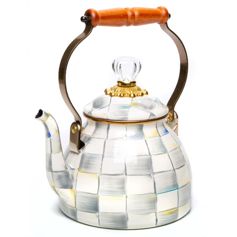 MACKENZIE-CHILDS enamel tea kettle exterior in Sterling Check adds decorative charm to your stovetop