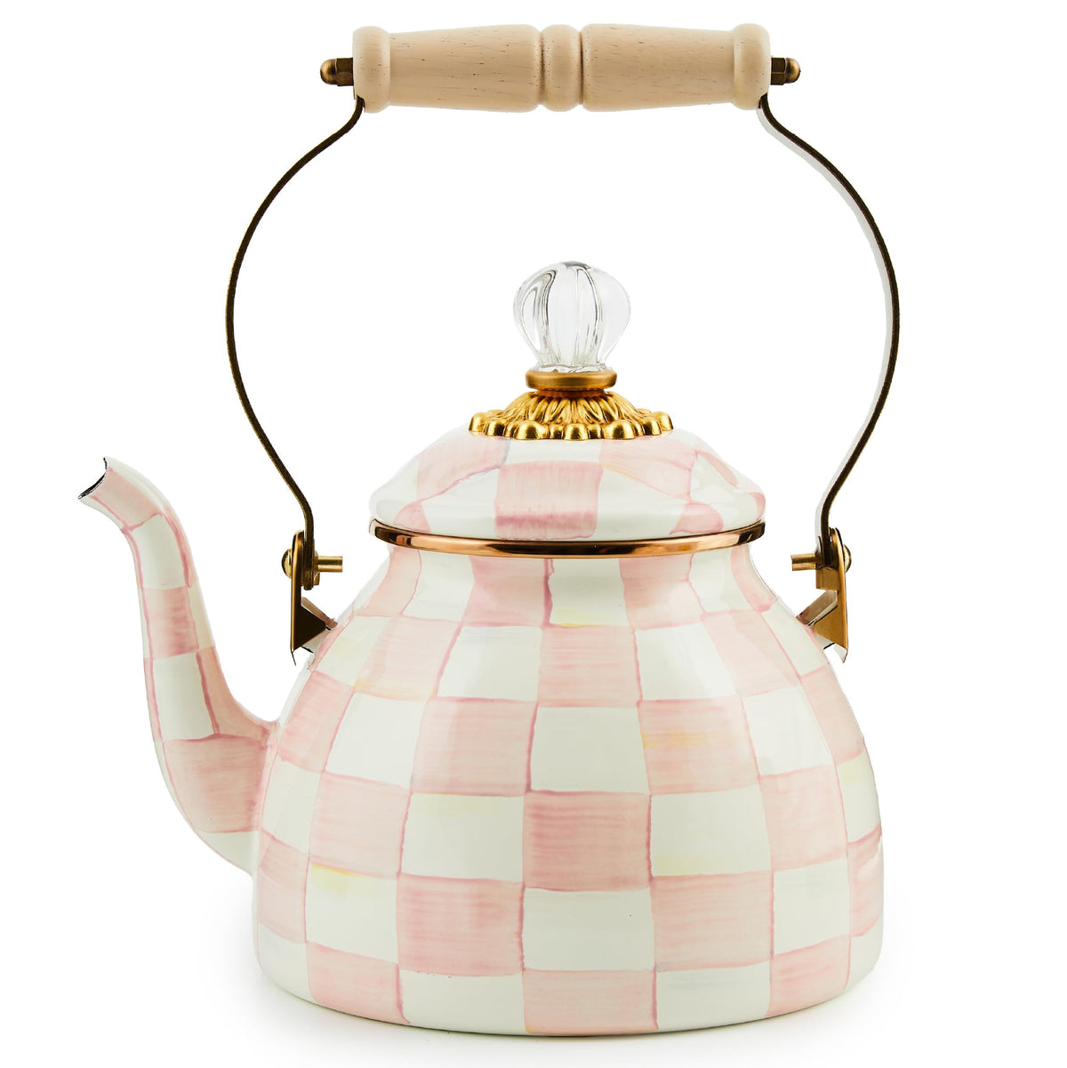 Mackenzie-Childs Rosy Check enamel tea kettle base detail for stylish stovetop tea