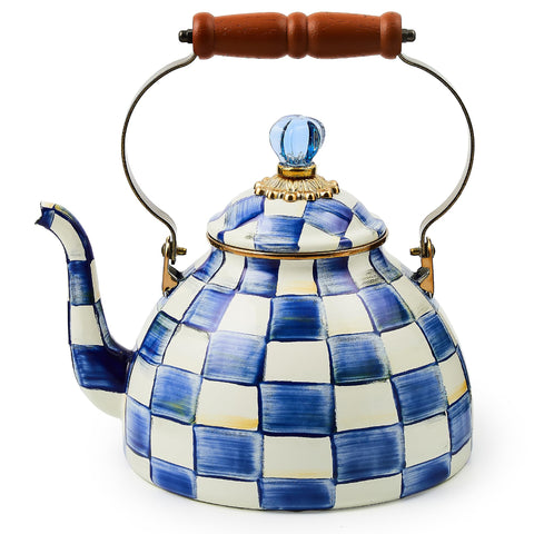 MACKENZIE-CHILDS enamel tea kettle on stove with royal check pattern for stylish tea service