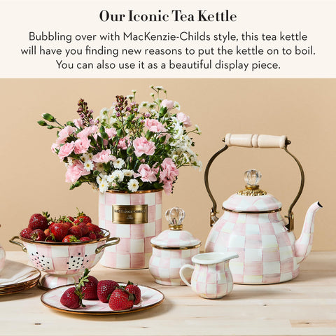Mackenzie-Childs enamel tea kettle with wood handle offers comfortable pouring