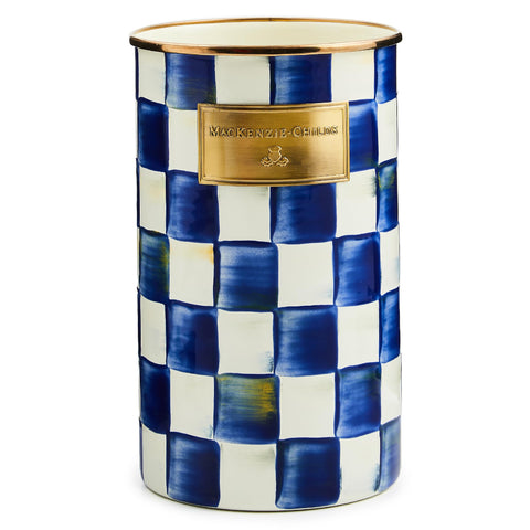 MacKenzie-Childs enamel utensil holder in blue-and-white royal check keeps counters organized.