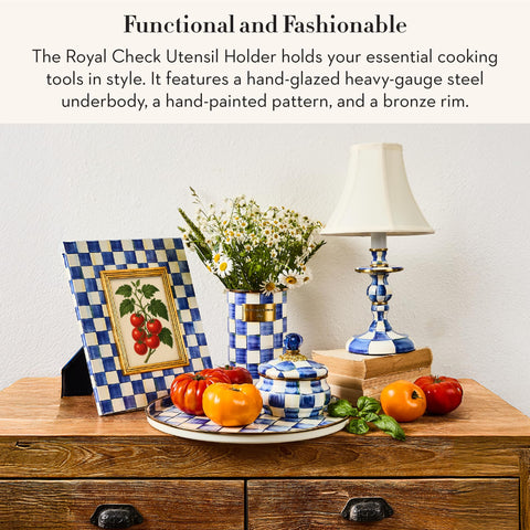 MacKenzie-Childs enamel utensil holder on countertop adds classic kitchen decor.