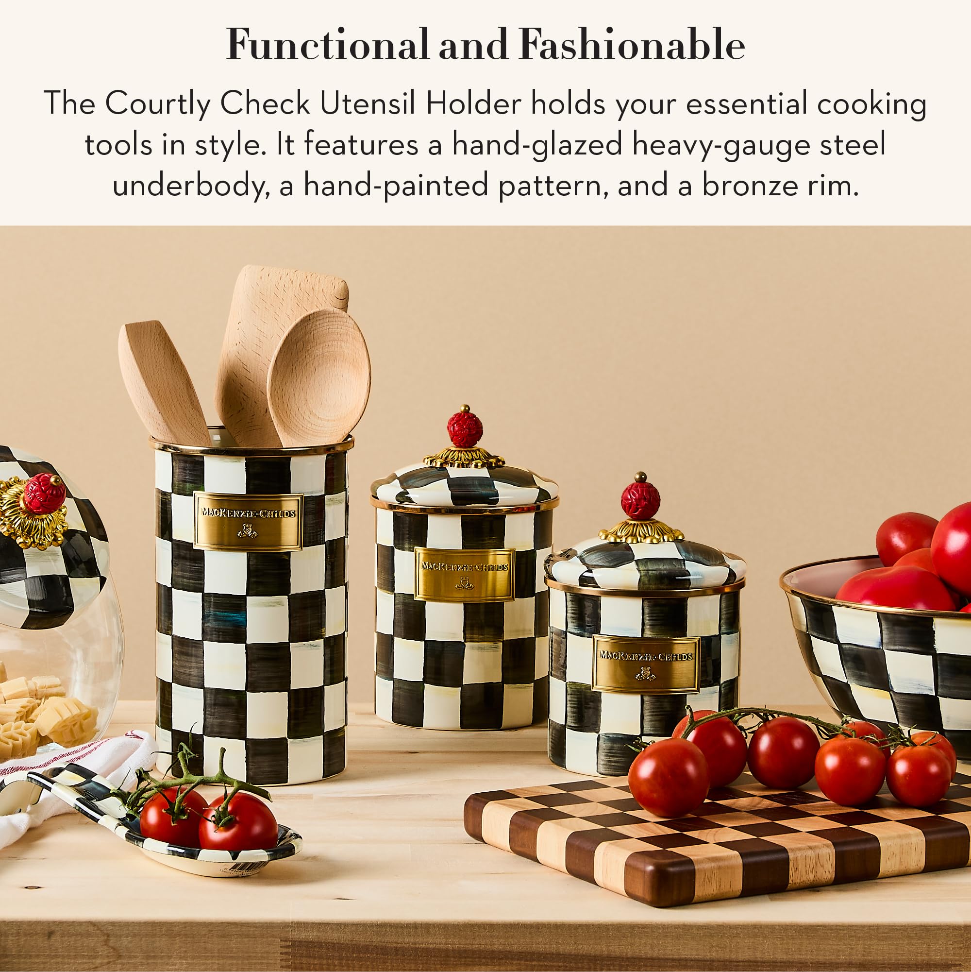MACKENZIE-CHILDS enamel utensil holder Courtly Check pattern detail with jewel tones
