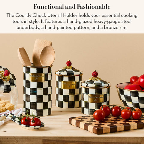 MACKENZIE-CHILDS enamel utensil holder Courtly Check pattern detail with jewel tones