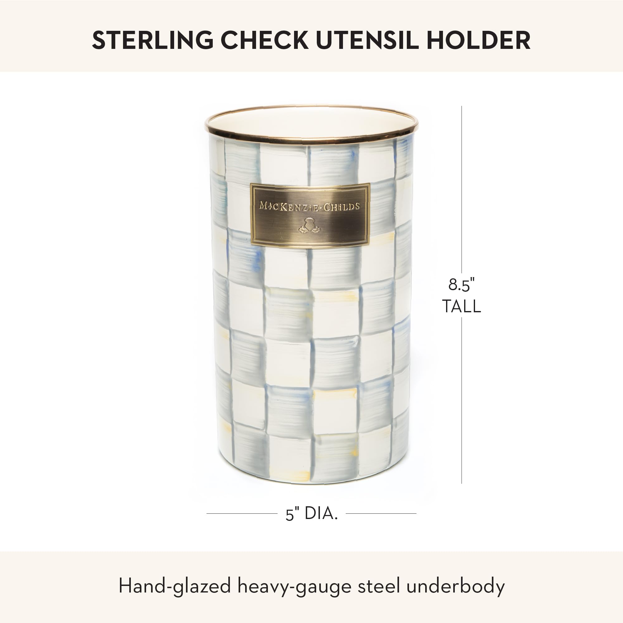 MACKENZIE-CHILDS grey Sterling Check utensil holder displayed on counter for organization.