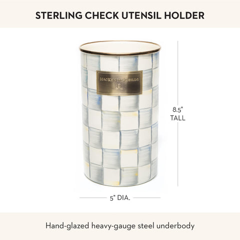 MACKENZIE-CHILDS grey Sterling Check utensil holder displayed on counter for organization.