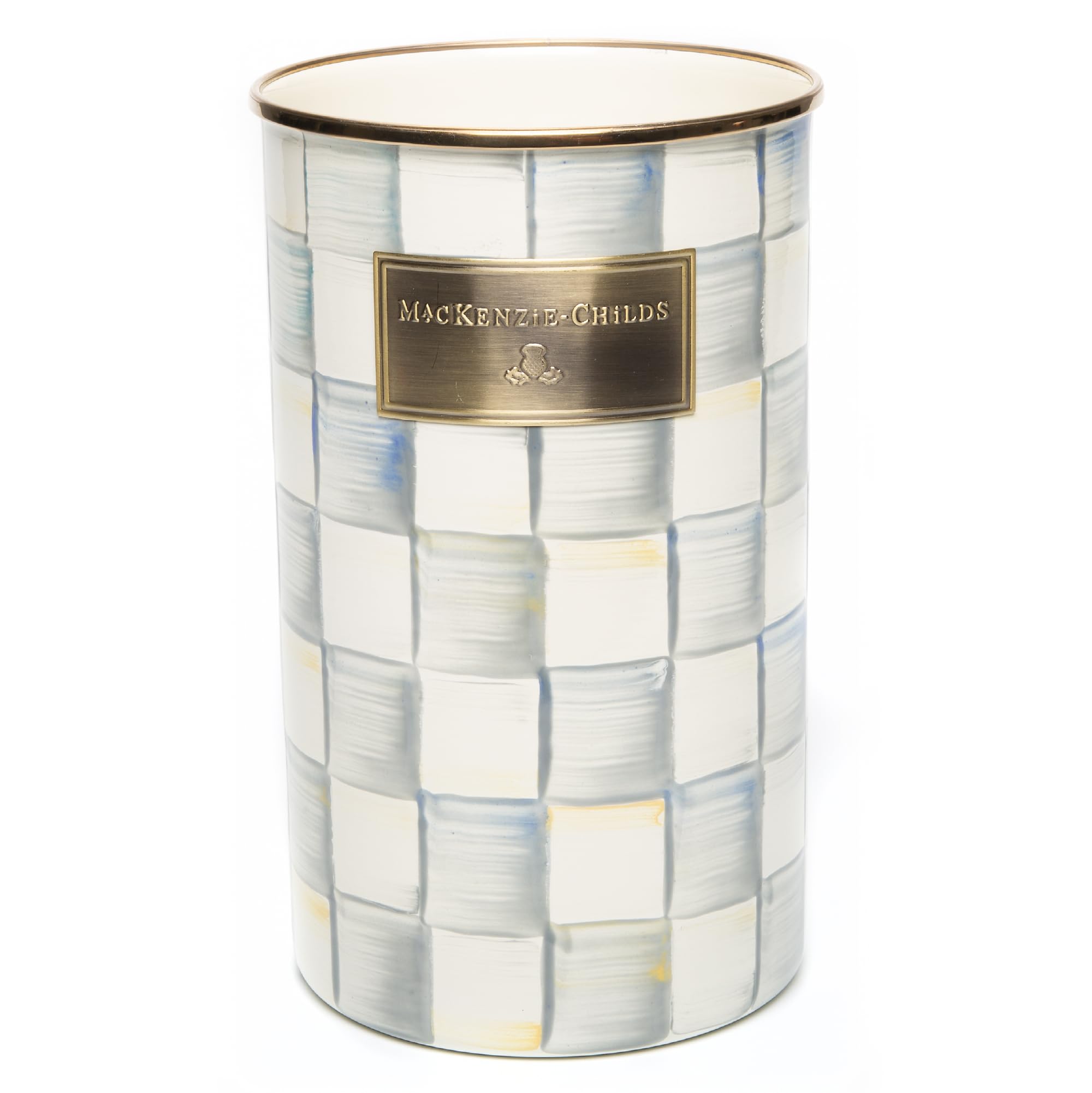 MACKENZIE-CHILDS enamel utensil holder in gray and white Sterling Check, front view for sleek countertop storage.