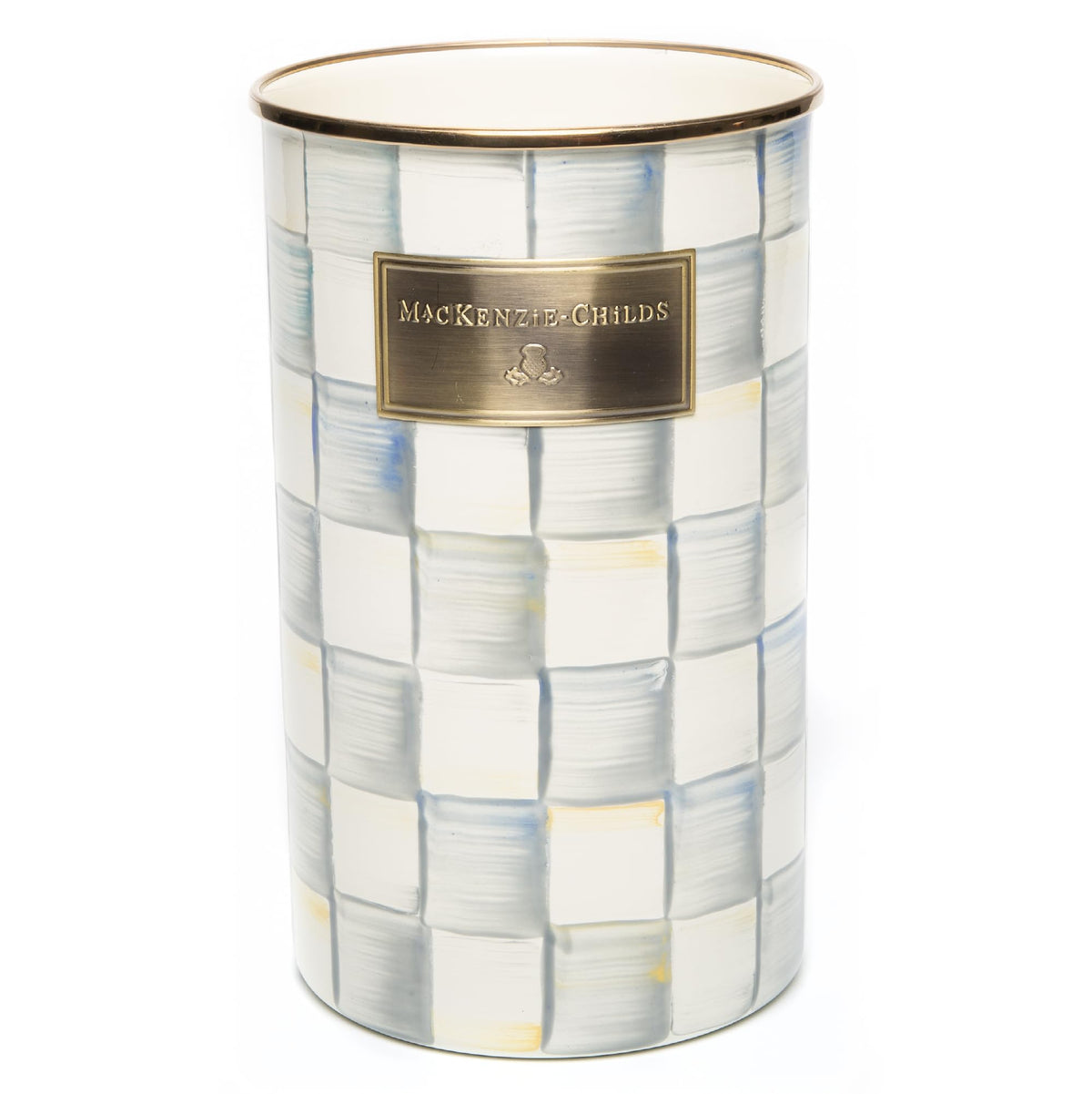 MACKENZIE-CHILDS enamel utensil holder in gray and white Sterling Check, front view for sleek countertop storage.