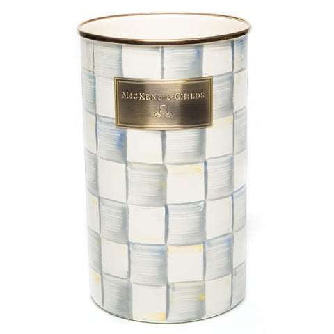 MACKENZIE-CHILDS enamel utensil holder in gray and white Sterling Check, front view for sleek countertop storage.
