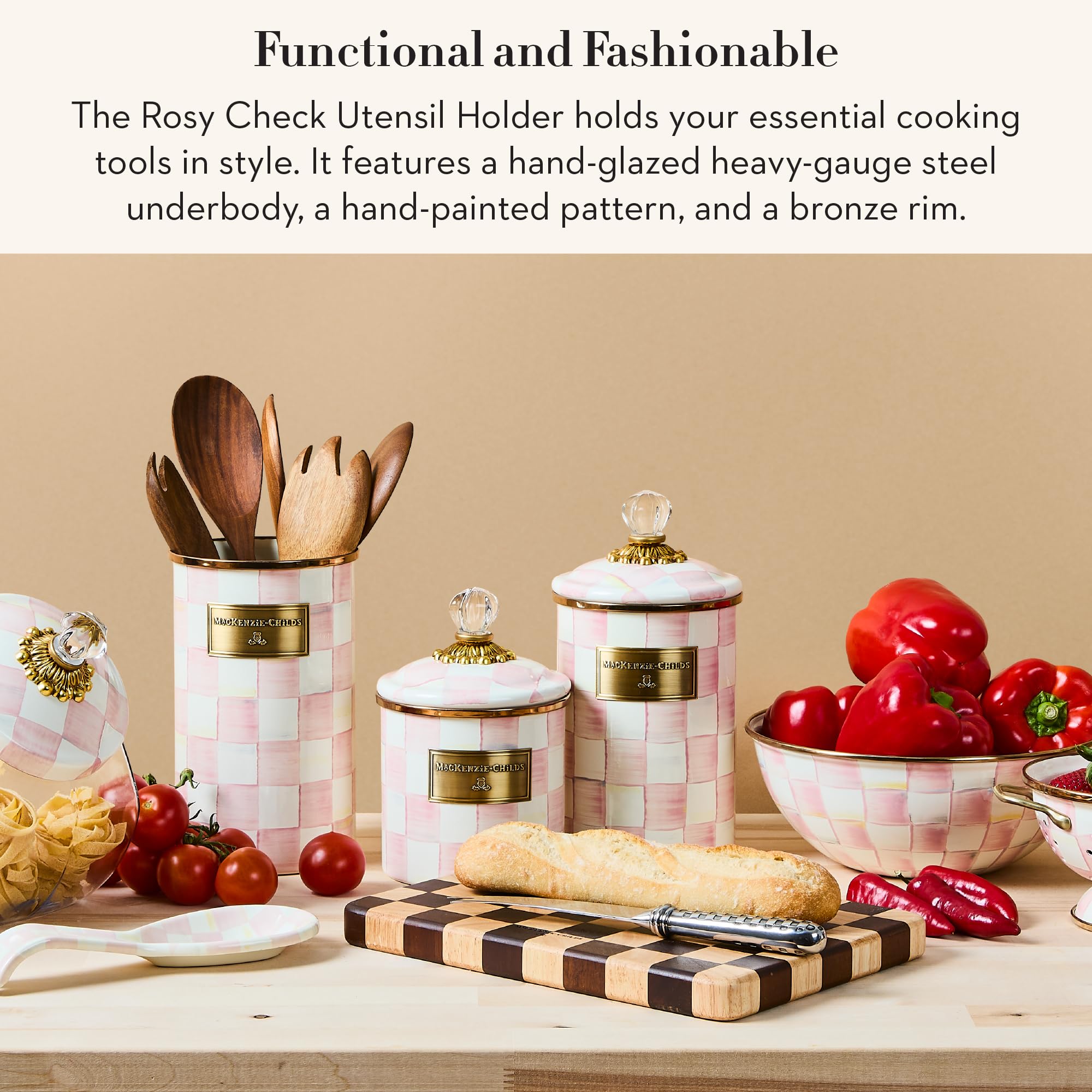 MacKenzie-Childs Rosy Check utensil holder, side view, adds color and organization