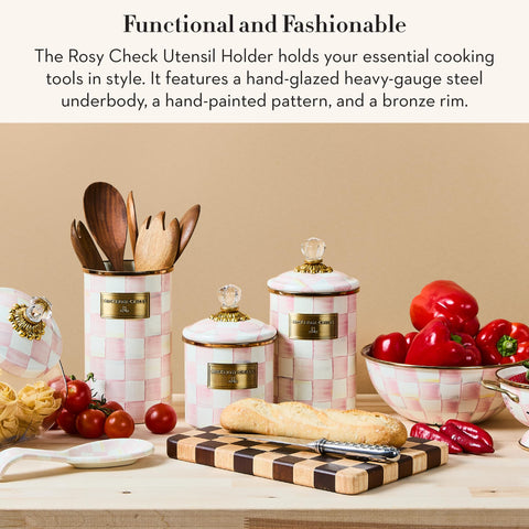 MacKenzie-Childs Rosy Check utensil holder, side view, adds color and organization