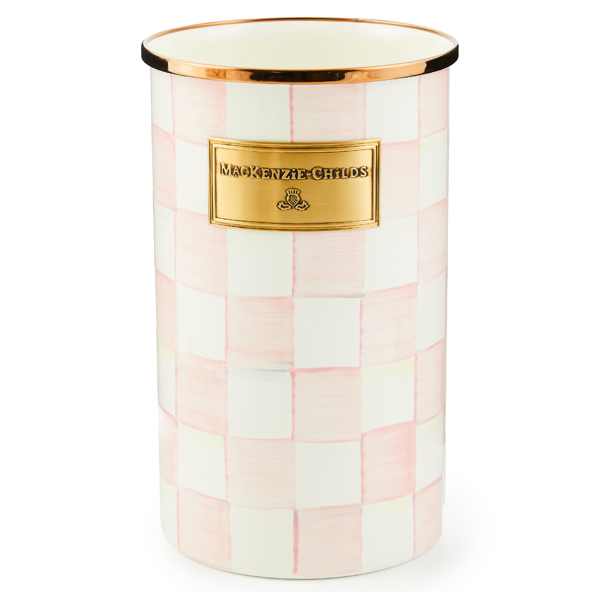 MacKenzie-Childs Rosy Check utensil holder, top view, keeps utensils within reach