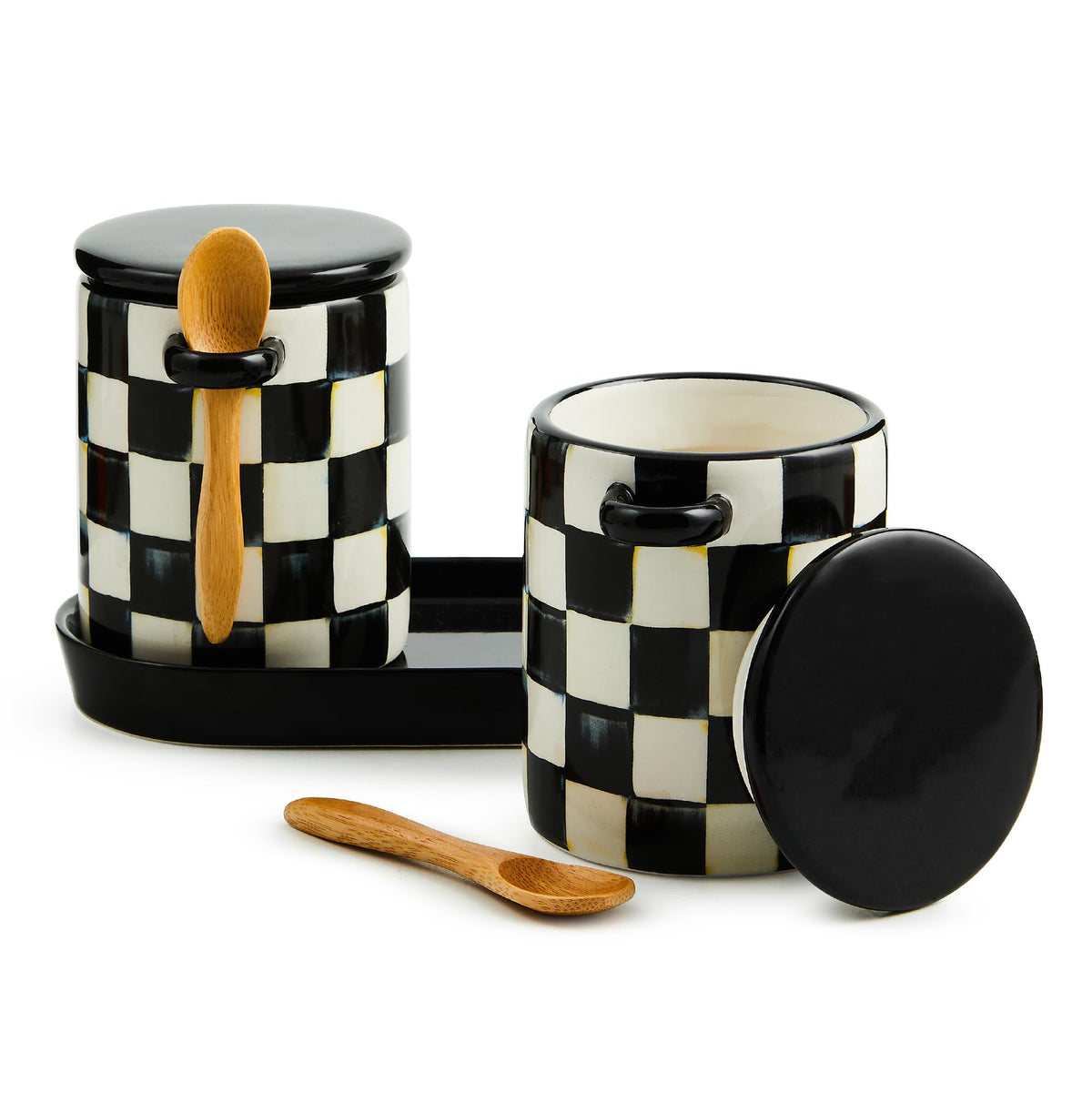 MACKENZIE-CHILDS farmhouse canister set on kitchen counter adds chic organization