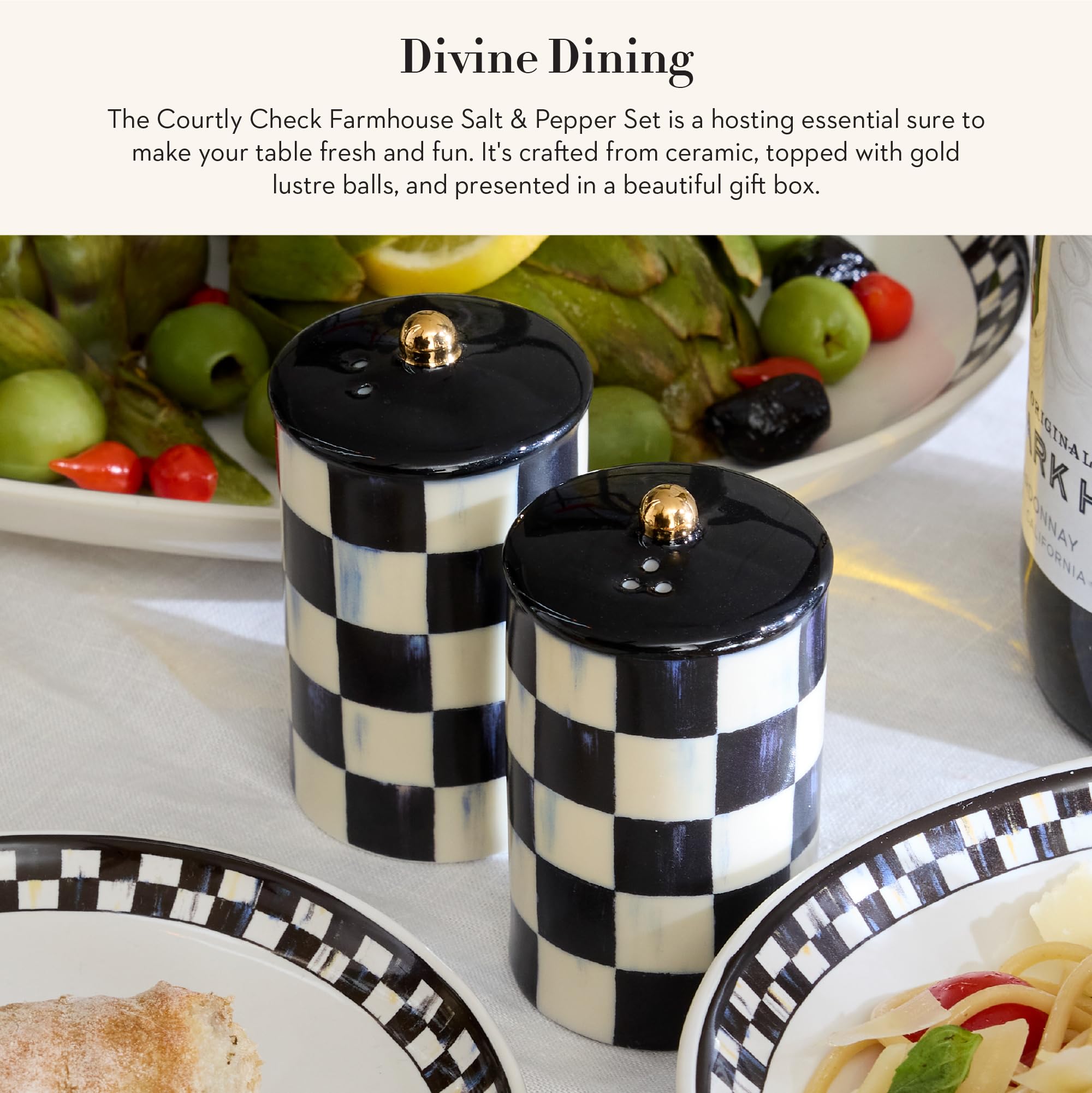 Mackenzie-Childs pepper shaker in Courtly Check adds classic kitchen charm.