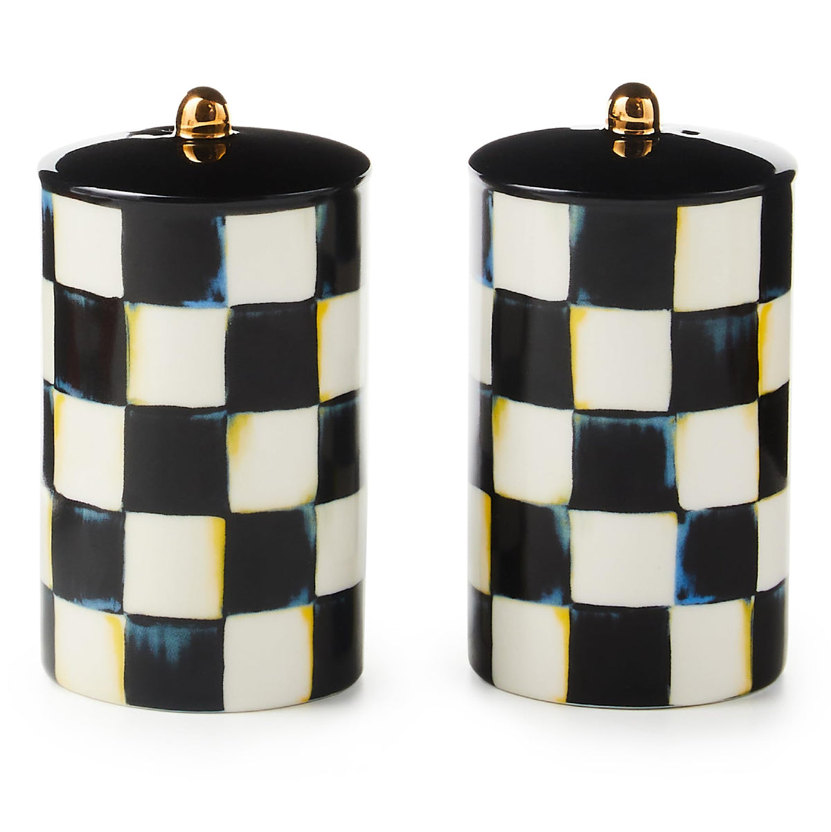 Mackenzie-Childs salt shaker in Courtly Check for stylish farmhouse dining.