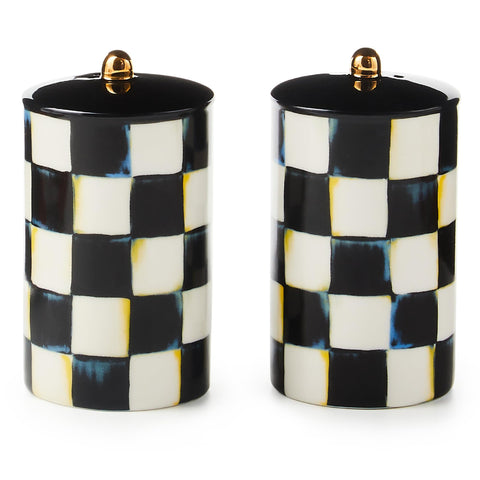 Mackenzie-Childs salt shaker in Courtly Check for stylish farmhouse dining.
