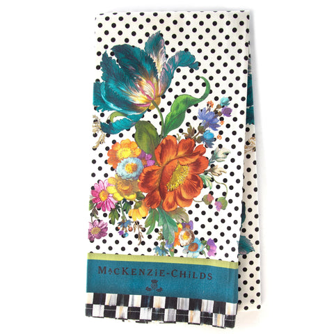 Mackenzie-Childs Flower Market dish towel close-up, decorative kitchen accent