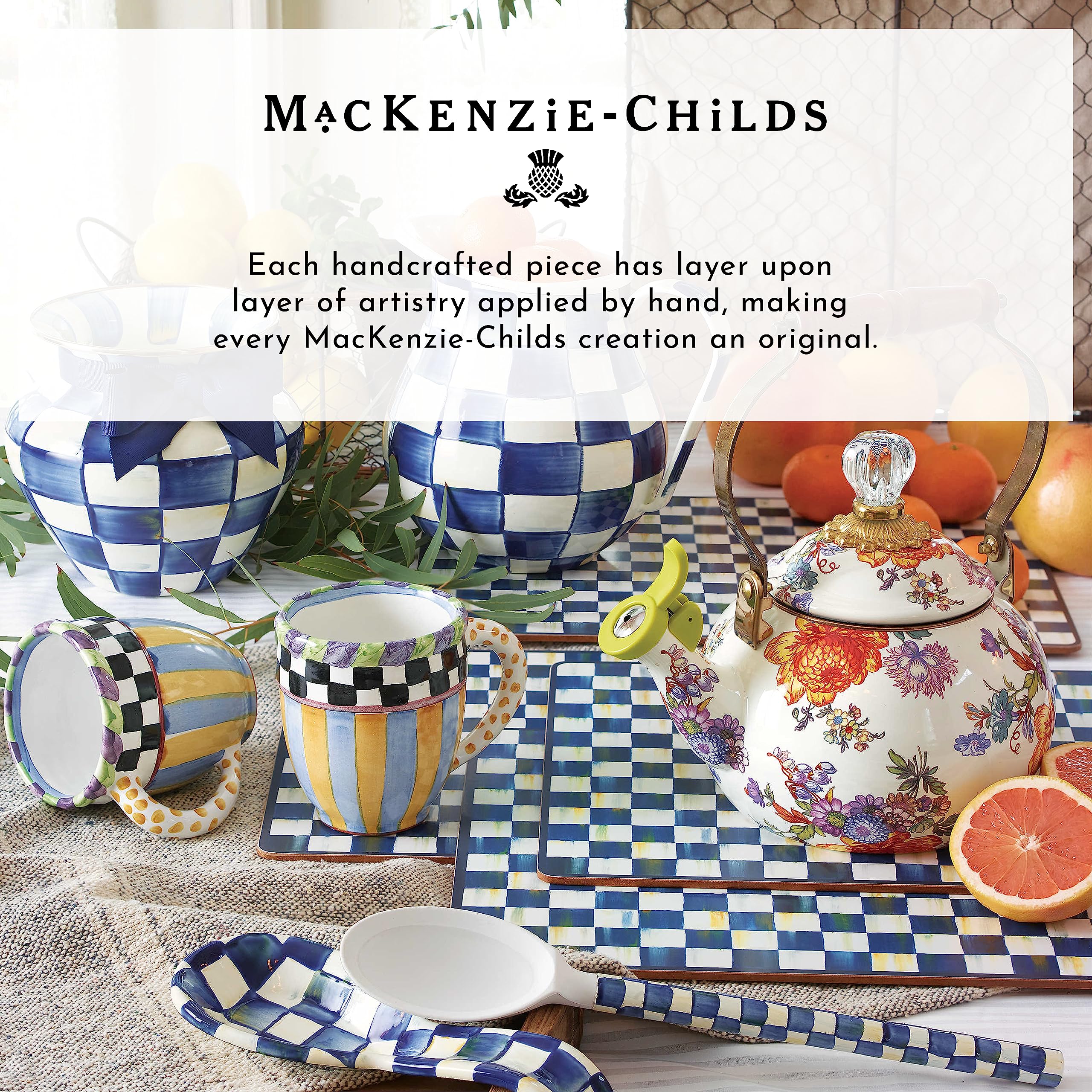 MacKenzie-Childs lettered mug with dishwasher-safe convenience.