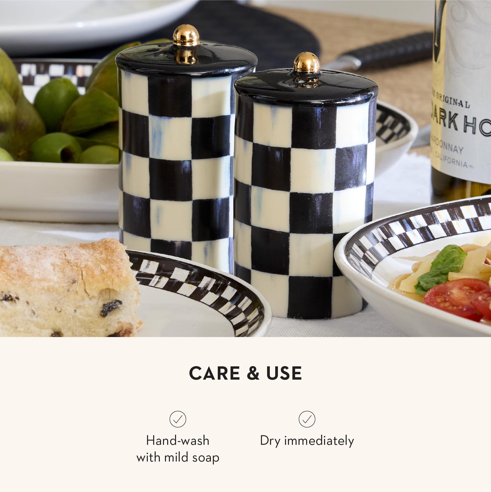 Gift-ready MacKenzie-Childs shaker set for holiday tables.